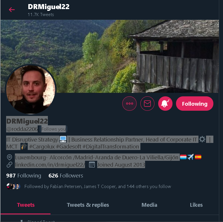techpearce3's tweet photo. Welcome new friend DRMiguel22 @rodda2206
IT Disruptive Strategy 🖥 | Business Relationship Partner, Head of Corporate IT ⚙ | MCT Graduation cap #Cargolux #Gadesoft #DigitalTransformation
Flag of Luxembourg✈Flag of https://t.co/KXdMK5jYmZ August 2013 https://t.co/dz9nPI1CLs