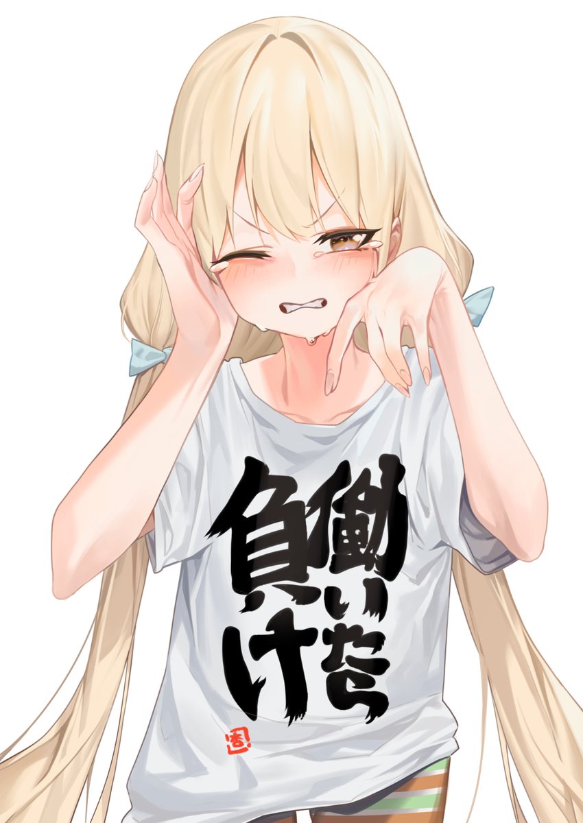 futaba anzu 1girl solo long hair shirt blonde hair twintails one eye closed  illustration images