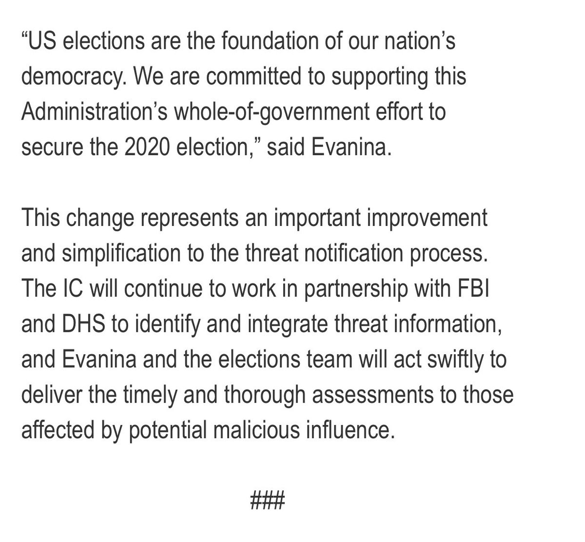 RVAwonk's tweet photo. ODNI just announced two seemingly major changes in organizational structure — the 1st involves downsizing/“streamlining” the National Counterterrorism Center; the 2nd involves restructuring election security briefings.

Both changes come from a not-Senate-confirmed ODNI Director. https://t.co/1XKnvTWitt