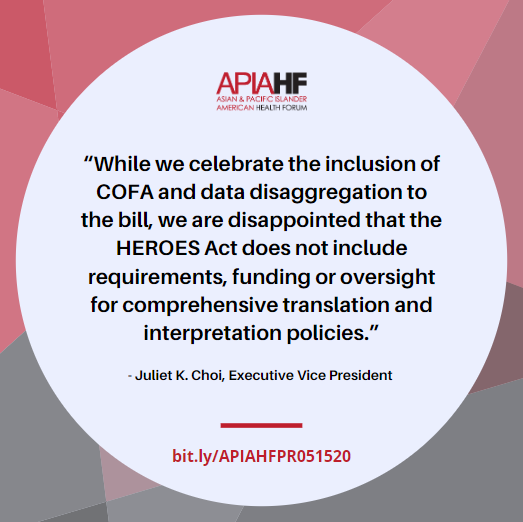 APIAHF's tweet photo. We applaud the House for passing the #HEROESAct. With the inclusion of COFA + data disaggregation we can better evaluate the effects of #COVID19 on hard to count communities like ours. APIAHF Statement Here: https://t.co/Y3KS2FAUXn #Health4COFA https://t.co/Rh3qWnnItP