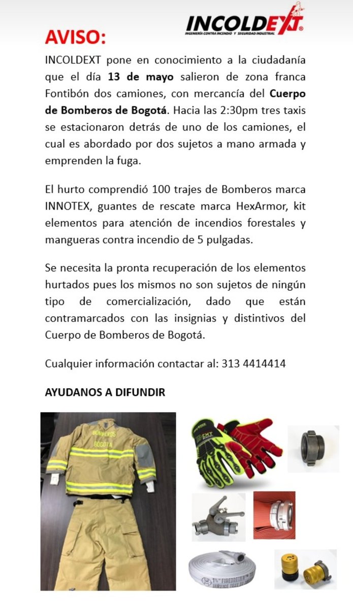 JulietNavarrete's tweet photo. @ClaudiaLopez Alcaldesa creemos que se debería dar a conocer a Bogotá entera sobre este robo millonario de elementos y trajes para bomberos Bogotá. @NoticiasCaracol @ELTIEMPO @BogotaET @BomberosBogota @Bogota @PoliciaColombia https://t.co/rvYbHiwAqT