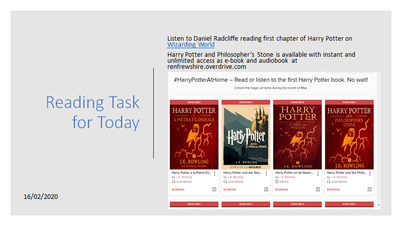 StAndrews_Lib's tweet photo. Today's #readingtask from @St_Andrews_Acad is for Harry Potter fans. Listen to Daniel Radcliffe reading first chapter of #HarryPotter on Wizarding World. Harry Potter and Philosopher's Stone is now available from @RenLibraries with instant access ebook and audiobook. https://t.co/I0n2JYE3Mr