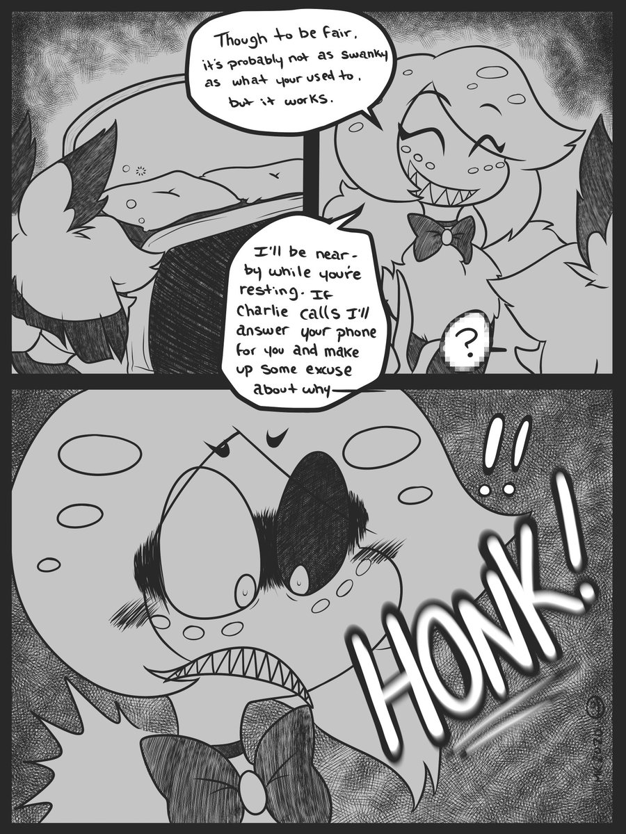 mari_keiyou's tweet photo. Angel and Alastor make it to their destination... Honk? ββΏβ
Next thing I'll be focusing on is the upcoming radiodust week, also a cover for this comic cause it has a title now x3 #radiodust #touchyfeely #hazbinfancomic https://t.co/cVKQbx3Pgi