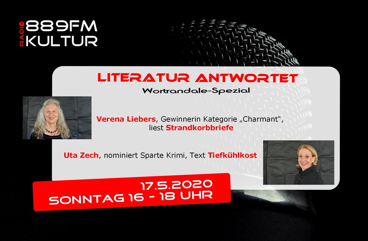 Am 17.5.2020 von 16-18Uhr das Gewinnerinnen-Spezial! Verena Liebers und Ingrid Uta Zech im Interview. Verena Liebers in der Kategorie "Charmant" mit ihrem Text "Strandkorbbriefe". Uta Zech nominiert in der Sparte Krimi.  
Zu hören hier:
stream.laut.fm/889fmkultur