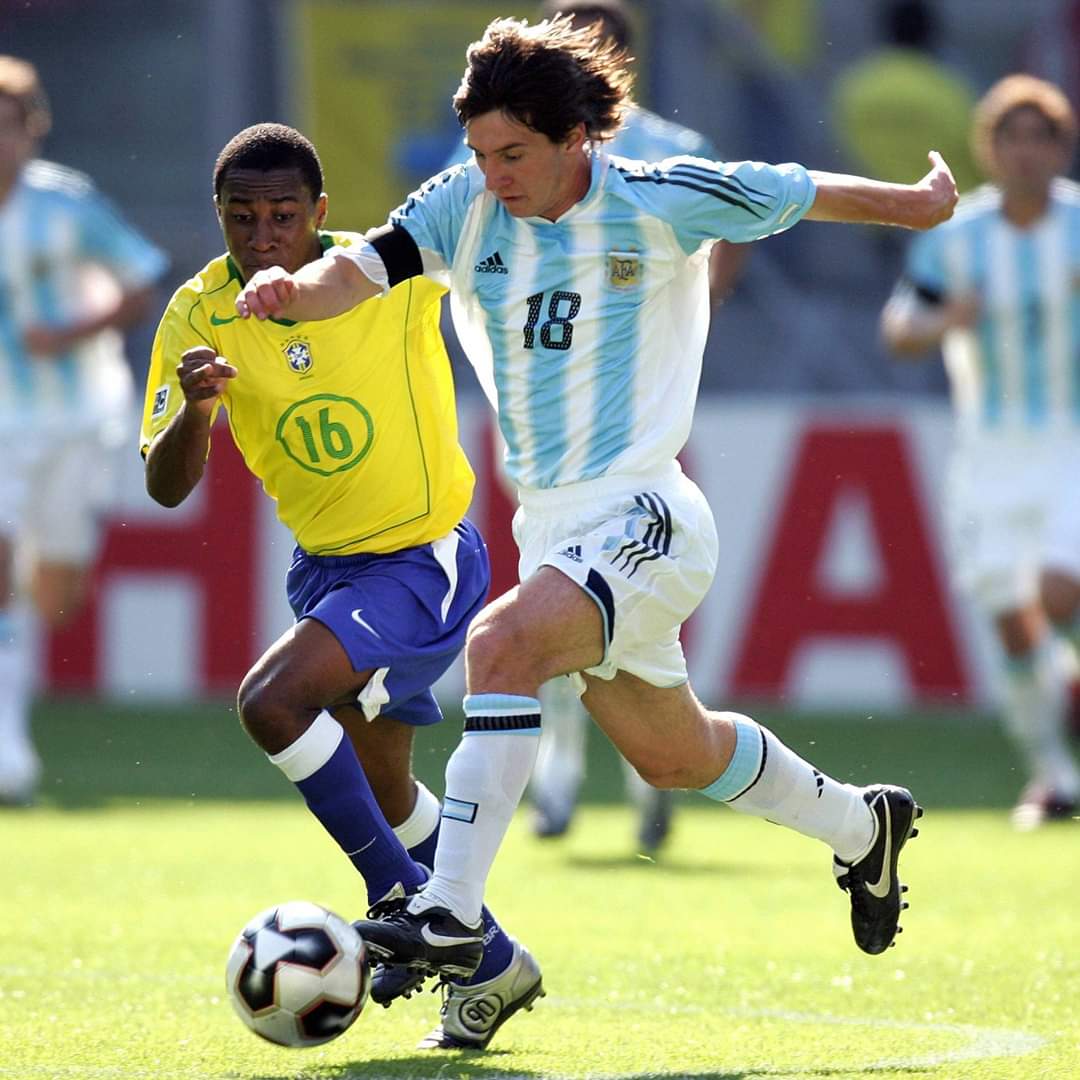 FIFA: “2003 FIFA U-20 World Cup: 🇧🇷 1-0 🇦🇷 2005: 🇧🇷 1-2 🇦🇷  Argentina's difference-maker? 18-year-old Leo Messi. 🤩🏆 Who's the most  impressive teenager you've ever seen on the pitch?”, image size:1080x1080