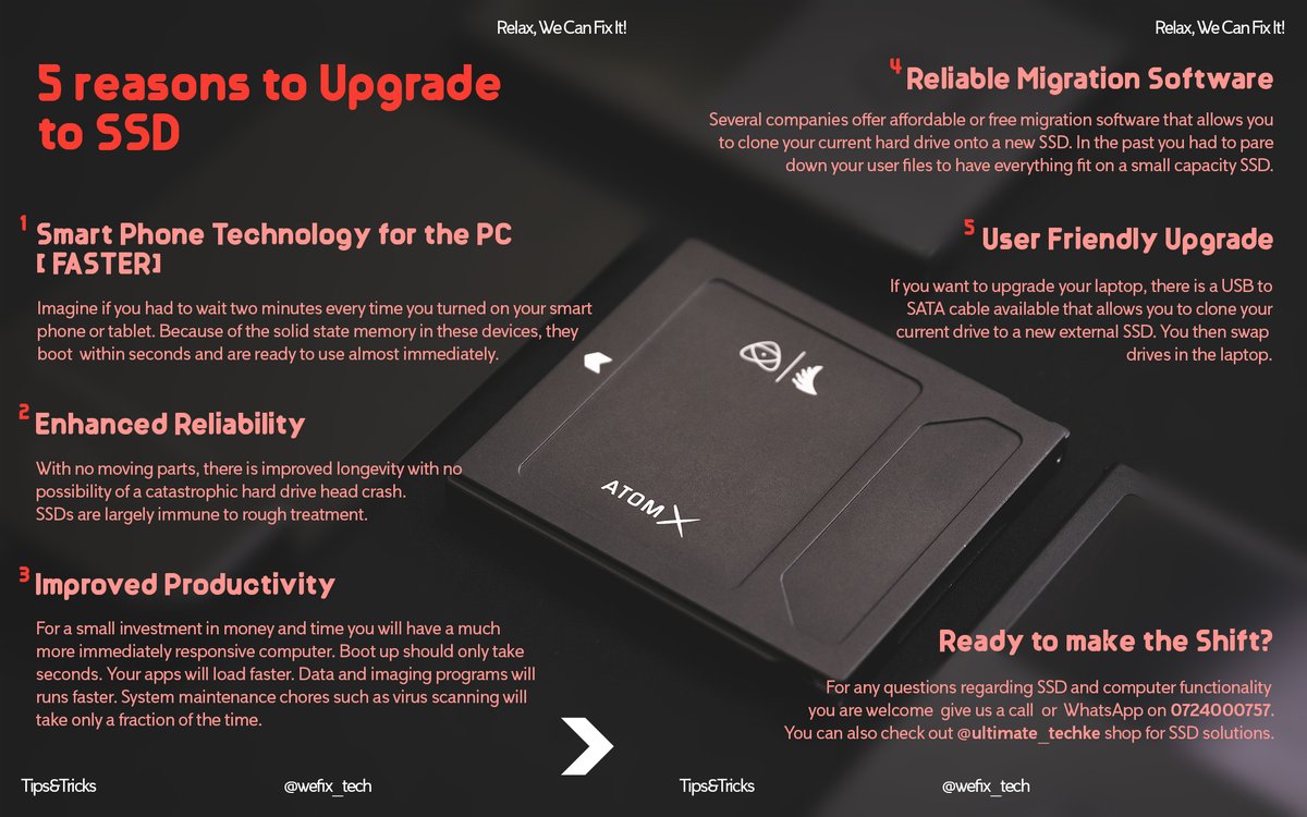 Wefix_Tech's tweet image. Time to Upgrade!!! Check out these 5 advantages of a SSD (Solid State Drive) over regular old hard drives. SSD is the future! #SSD
#SSDupgrade #computerstorage #laptopstorage #relaxwecanfixit #weshallovercome