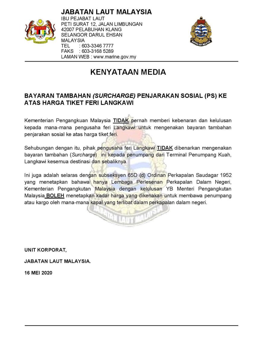 M O T Malaysia V Twitter Kenyataan Media 16 Mei 2020 Bayaran Tambahan Surcharge Penjarakan Sosial Ps Ke Atas Harga Tiket Feri Langkawi Kitamestimenang Kitajagakita Https T Co Kil1nurilr Twitter