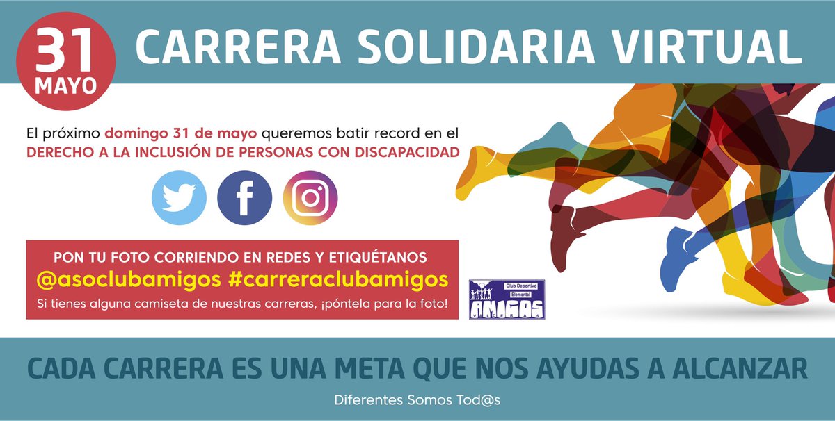 asoclubamigos's tweet photo. Este mes d Mayo, no vamos a poder celebrar nuestra tradicional carrera popular, pero sí podemos seguir reivindicando el DERECHO de ls personas con discapacidad a PARTICIPAR en el deporte y en TODOS los ámbitos de la vida. 31/05
¿Nos ayudas a darle visibilidad? 
#carreraclubamigos https://t.co/hBYYrperEY