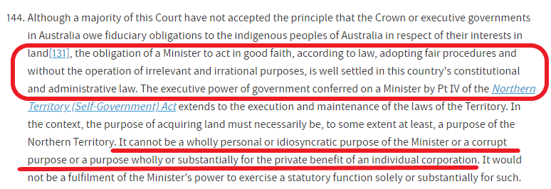 You quoted Justice Michael Kirby in your submission (Griffiths v Minister for Lands, Planning and Environment (2008) HCA 20 per Kirby, J. at (144).)You forgot to add the bits in 144 about corruption & personal or idiosyncratic purposes, so here they are  #auspol  #sportsrorts