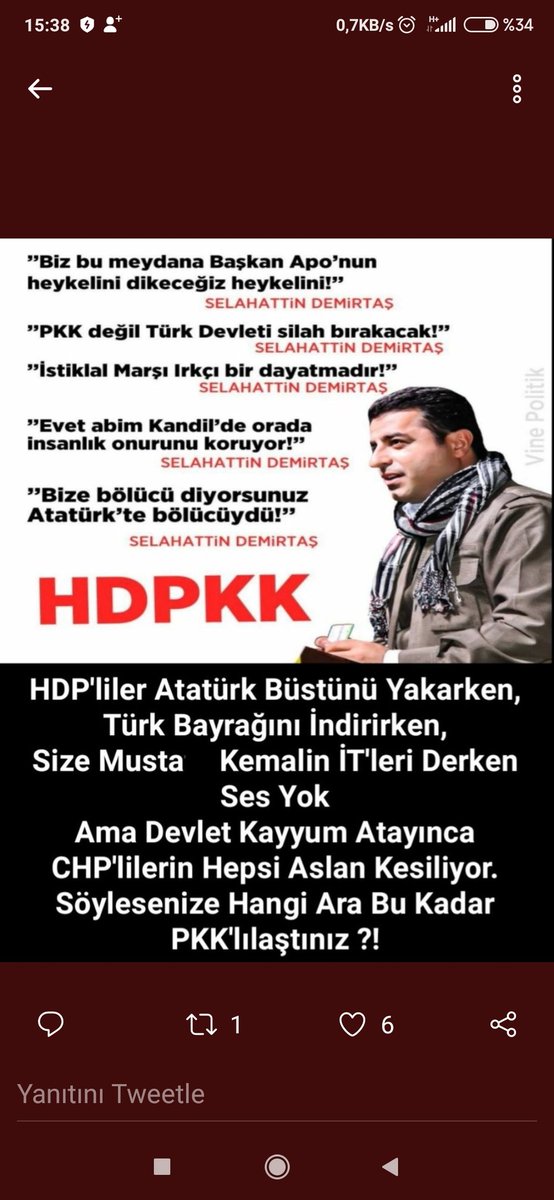 @KutlayFiliz @ZuhalBayldran @filinta_y @ErdalBayansal @gullerevurgun4 @Esraa__caa @goncalar07 @Mubrem38 @Hanedann__ @nevinnRTE @SukutuAlemm @uzunabdurrahman @SaidDundarAnk 1.cisi son seçimde kurt kardesimin dedi chpkk gibi at oyunu CHP'ye gitsin HDP'YE demediler .
2.pkk yancisi HDP barajın altında kalıyordu chpkk ver elini dedi iyi salladılar .
3. PKK sizi tukuruhunde boğar Atatürk bölücü diyen Selahattin Demir taşa sahip çıkıyorlar mi çıkıyorlar