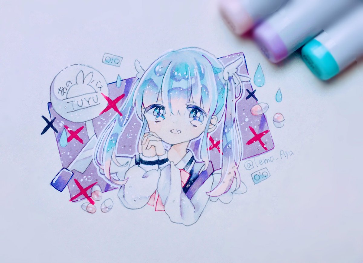 1girl traditional media twintails solo blue eyes own hands together blue hair  illustration images