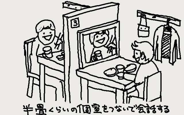 感染を避ける、新型コロナ対応型居酒屋
複数の1人部屋をつなぐ。つながず一人飲みもOK 