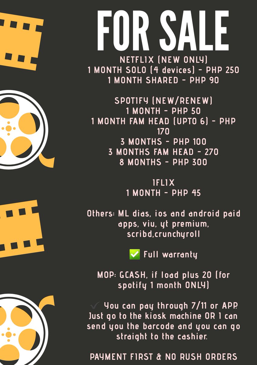 PremiumsPHL's tweet photo. FOR SALE

Netflix NEW 1mo
Solo - 250
Shared - 90

Spotify NEW or RENEW
1mo - 50
1mo fam head - 170
3mos - 100
3mos fam head - 270
8mos - 300

Others see pic.

MOP: Gcash &amp; LOAD (w additional)

#netflixph #spotifyph #netflixpremiumph #spotifypremiumph https://t.co/UrDlgHMivn