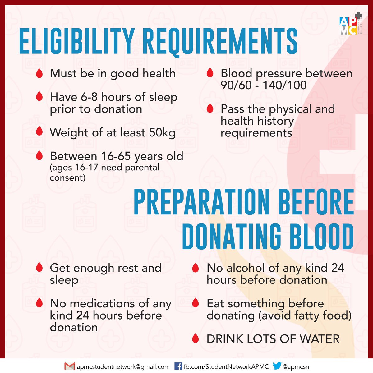 apmcsn's tweet photo. Here’s what you need to know about blood donation.

If you wish to include other blood donation centers in our list, please don’t hesitate to message us or send an email to luckydeluna@gmail.com

#BeyondAPMCSN
[2/2] https://t.co/h7vcCQFliS