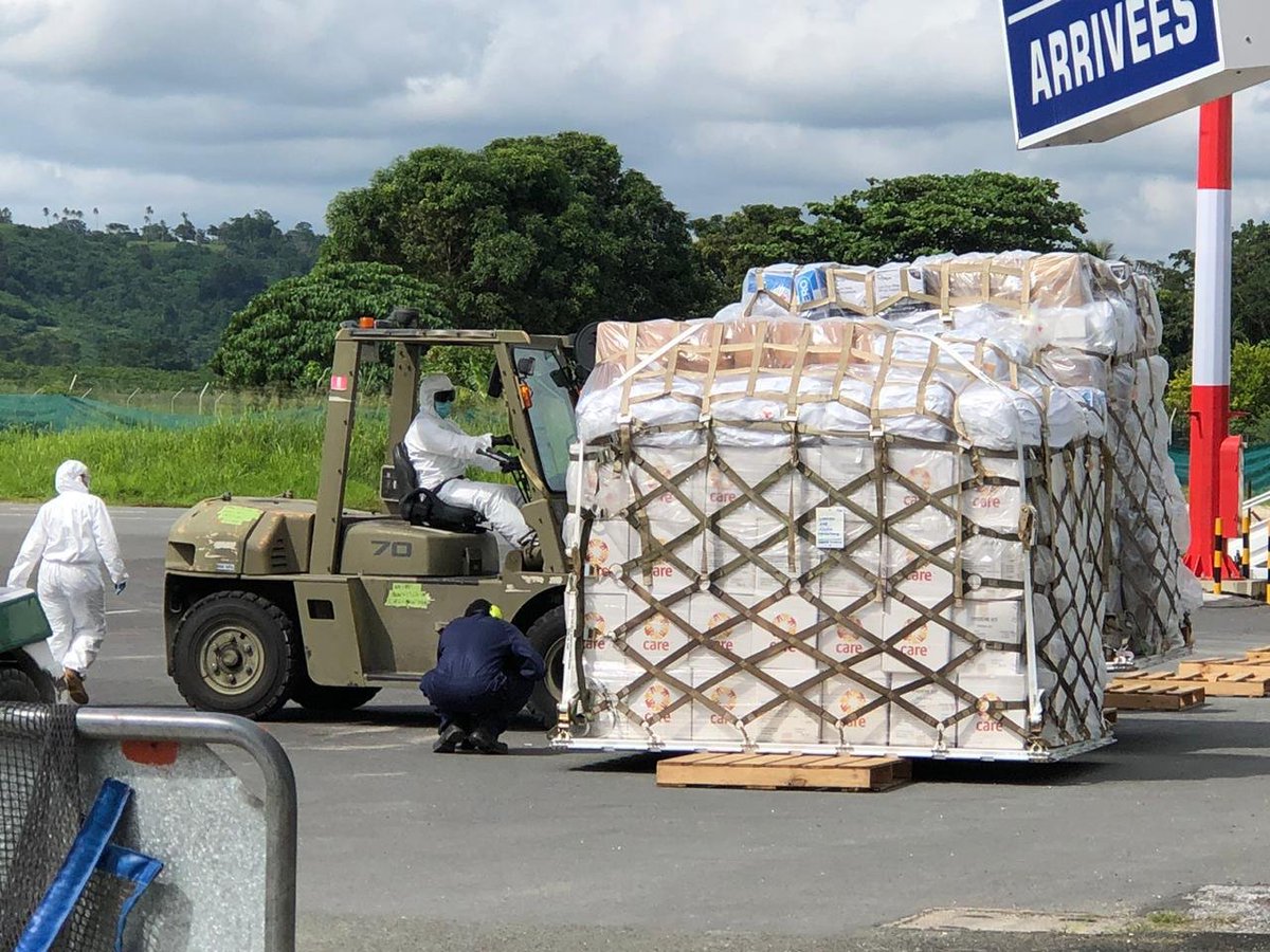 dfat's tweet photo. 🇦🇺 is pleased to assist Vanuatu in response to #TCHarold &amp; #COVID19 with a 4th humanitarian ✈️ delivering emergency relief &amp; testing kits supported by @dfat @MFATNZ @WHO @spc_cps @DeptDefence. Strict safety protocols applied to protect our Pacific family as we work together. https://t.co/qfJEQR1xyg
