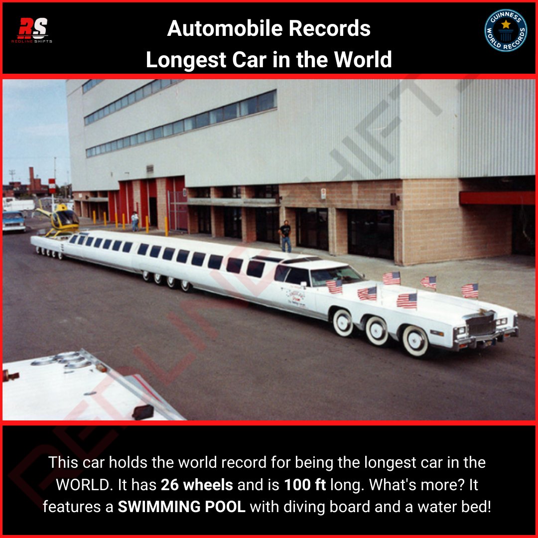 redline_shifts's tweet photo. Longest Car in the World - Automotive

With 24-wheels, On-board swimming pool and a water bed, this car holds the Guinness World Record for being the world's longest car! 

Facts: 
Why: Length (100 ft)
Where: USA
When: 1986

#worldrecord #guinnessworldrecord #redlineshifts https://t.co/wrdxidQVxT