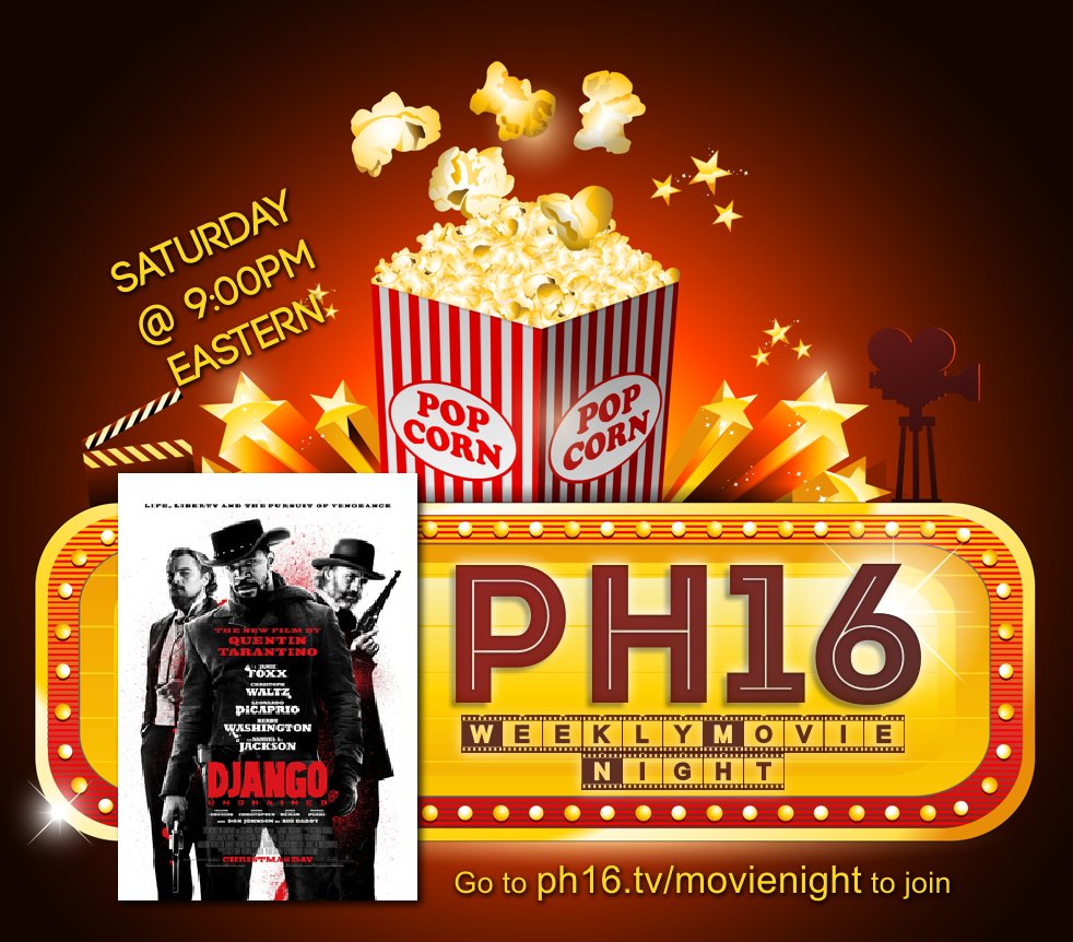 ph16tv's tweet photo. Moviegoers, we had your curiosity, but now we have your attention. Saturday night it's #Django! Movie starts at 9pm eastern. https://t.co/V1AV2zK6n8 for how to join https://t.co/tzKuQDTc4T