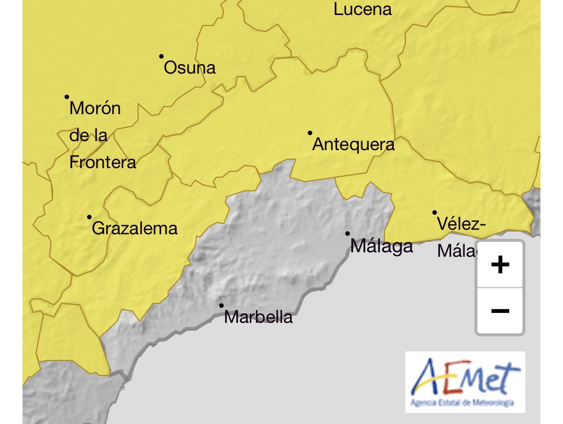 Activan aviso #AMARILLO por fuertes lluvias y tormentas este sábado en #Axarquía #Ronda y #Antequera en #Málaga ¡Extremar la precaución! aemet.es/es/eltiempo/pr…