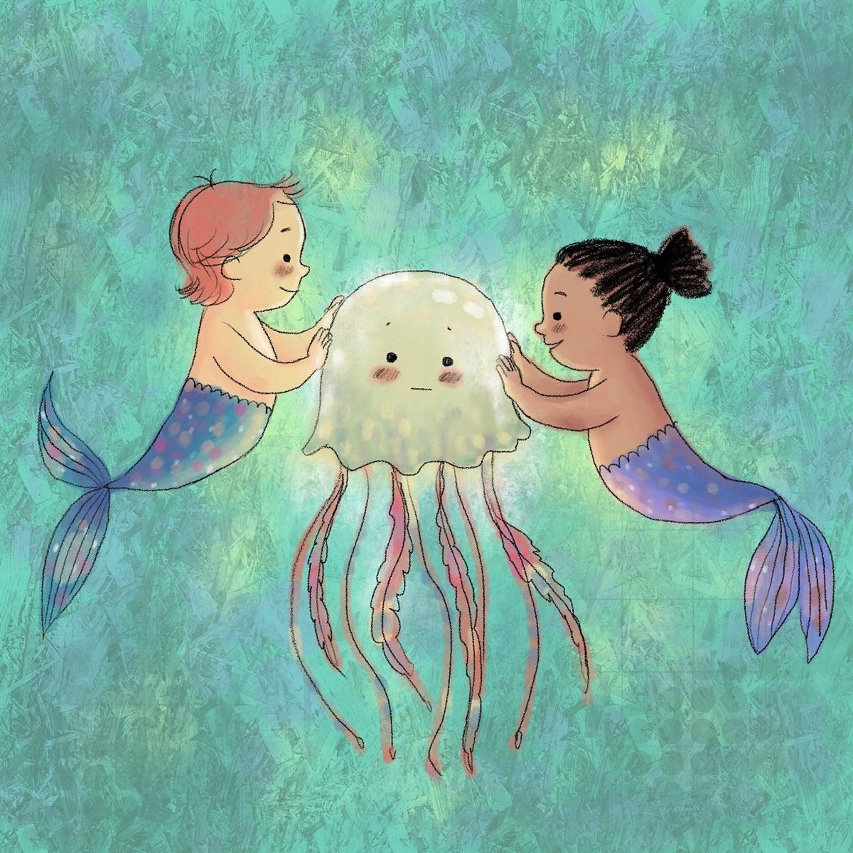 #mermay jelly babies! Does this jellyfish look like she wants to be in d middle?  Finally a warm sunny weekend. Hope you get to enjoy it even if you're just in the backyard!😊
#mermaids #jellyfish #babies #kidlit #kidlitart #diversity #ocean #ablaillustrator #pinoypride🇵🇭 #sirena