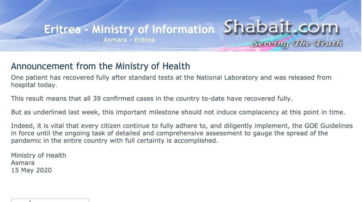 CoronavirusIn12's tweet photo. Eritrea says all its Covid-19 patients have recovered; Got spokesperson Yemane Meskel says there has been no new case since April 18. #covid19 #sarscov2 #coronavirus #pandemic https://t.co/FgdOWpw4q1