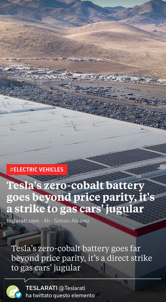 TeslaOwnersIT's tweet photo. ⚡️Teslarati non ha mezzi termini, tanto da delineare come colpo mortale la batteria di Tesla senza 🔋Cobalto, colpo per l’industria auto tradizionale, colpo che avvicina il pareggio dei costi tra auto termica ed elettrica. https://t.co/m6Tu8hrRFc https://t.co/Rt8lQwyiba
