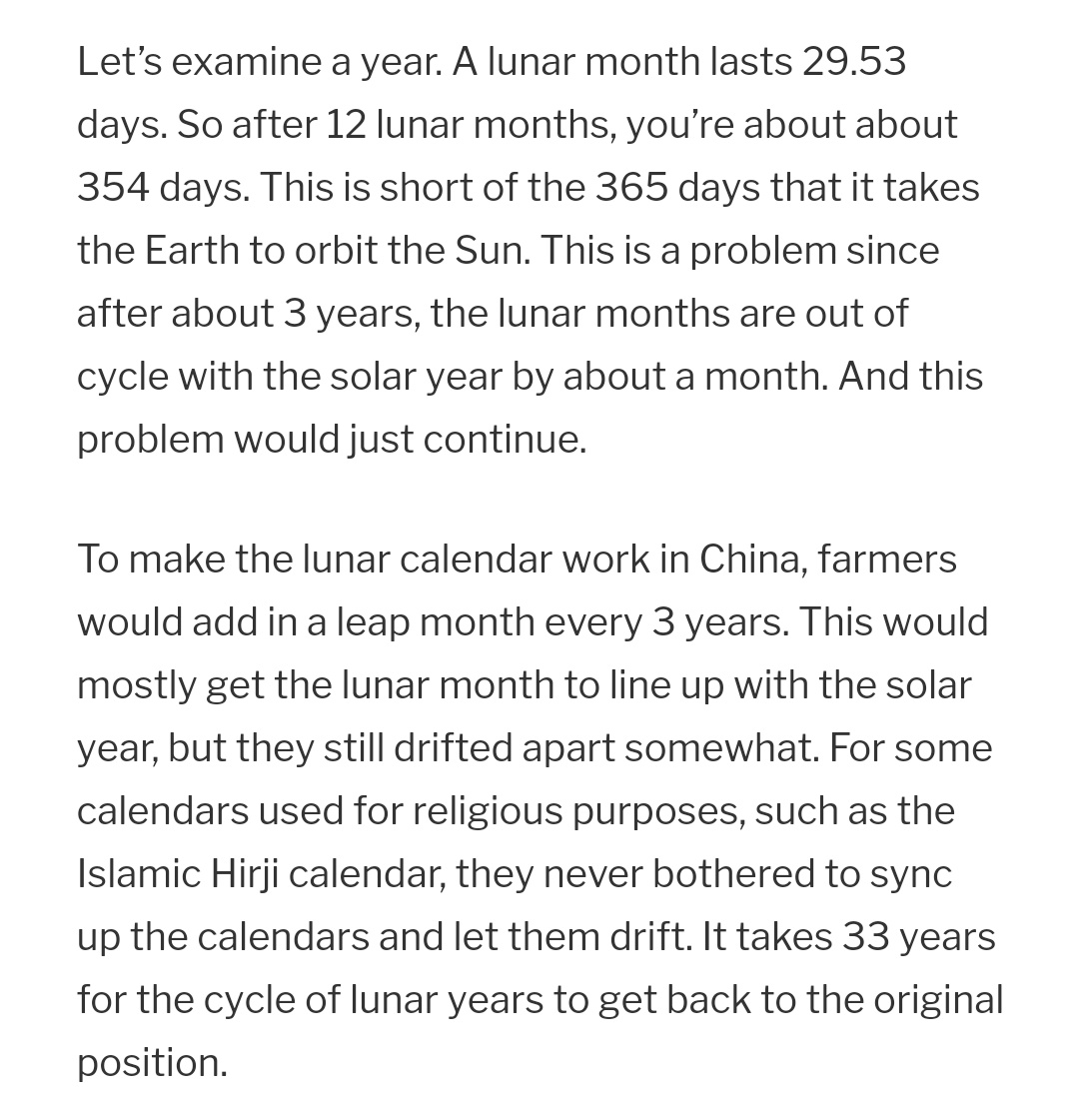 Dan dalam sistem penanggalan bulan, dikenal yg namanya lunar moon cycle.ibaratnya nih, lunar moon cycle tuh terjadi buat "nge-reset" penanggalan bulan (penanggalan ini dipake dlm islam disebutnya Hijriyah) untuk kembali ke posisi semula.Dan itu terjadi 33 tahun sekali.