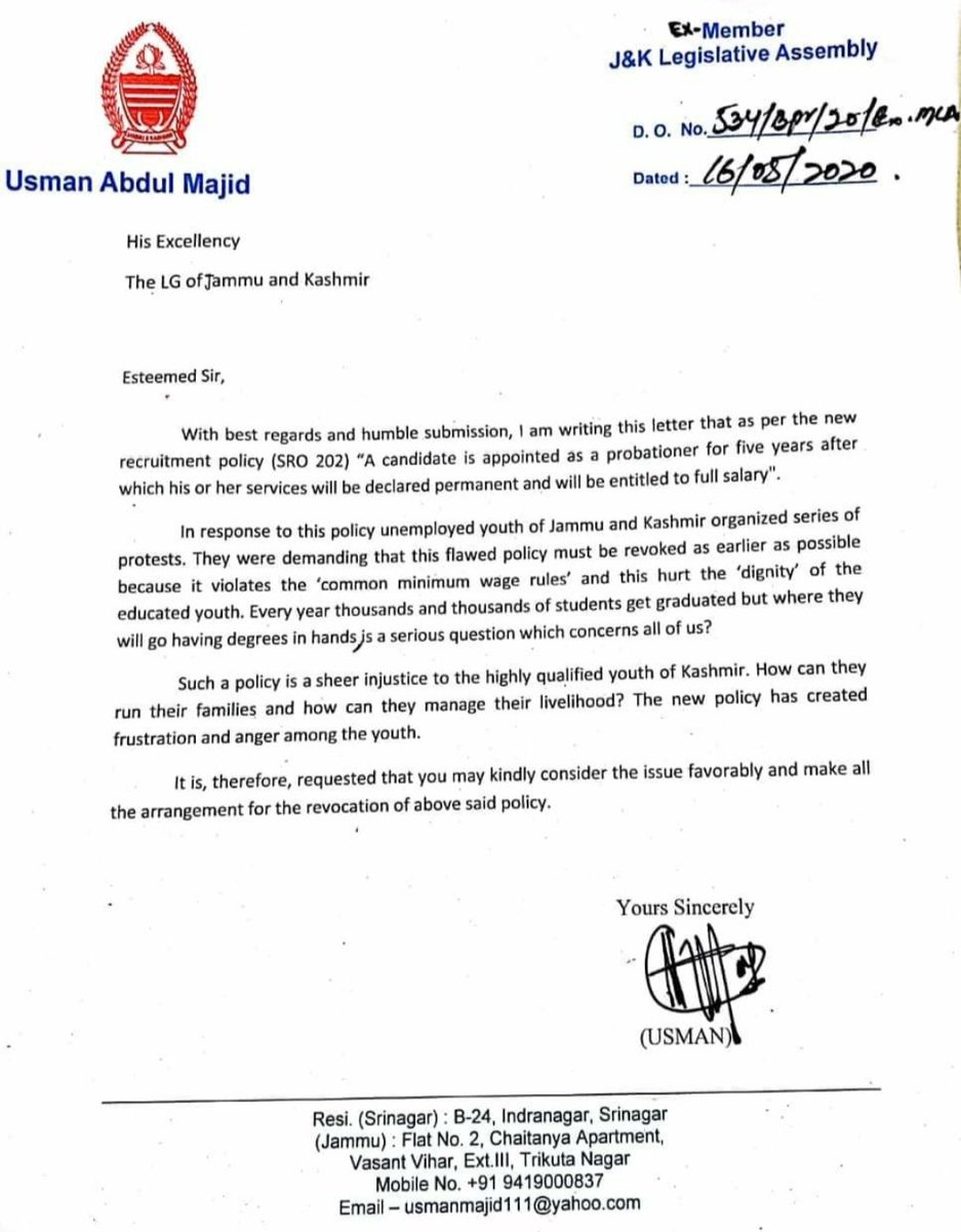 MirIshfaqAP's tweet photo. Senior #ApniParty Leader @usman_majid1  Writes To LG For Revocation Of #SRO202 https://t.co/OODk0V471Q