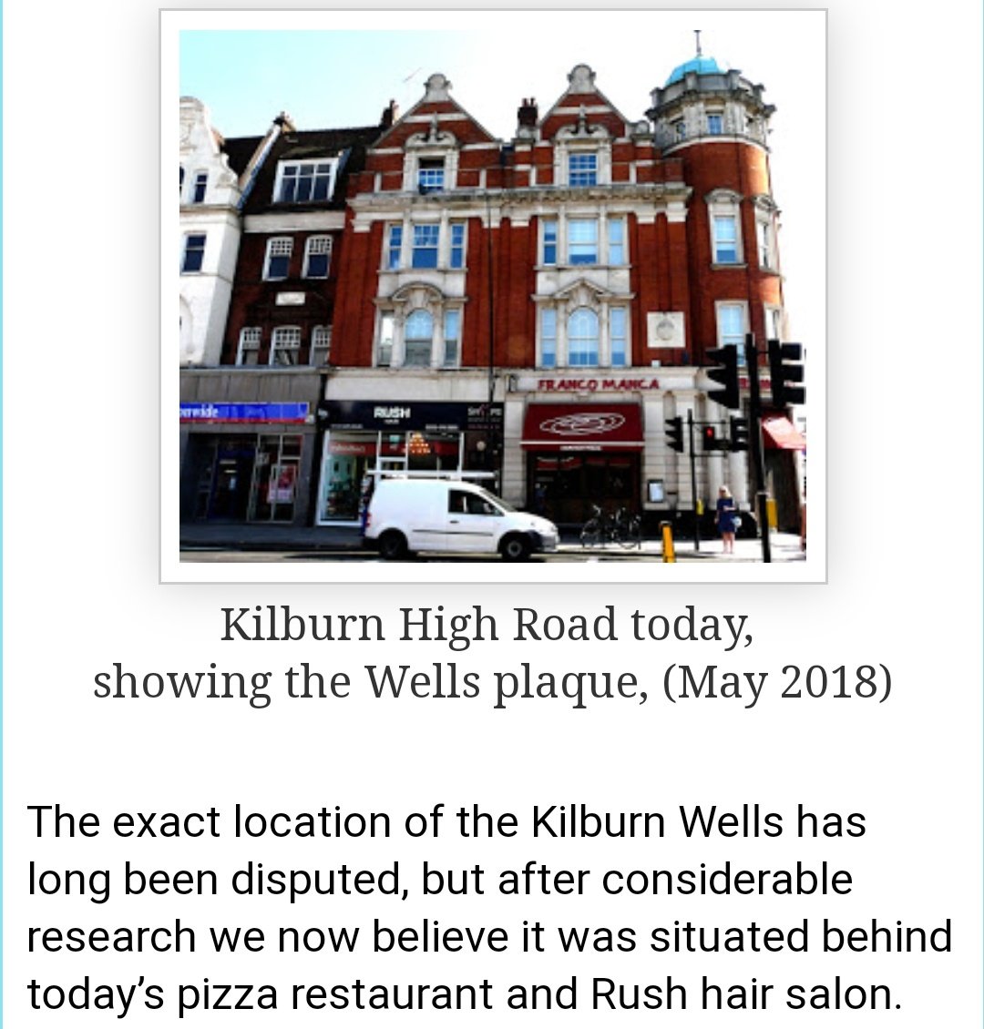 The water from this spring was then discovered to contain properties similar to Epsom Salts and gave rise to spas and pleasure gardens including the Kilburn Wells or Bell Inn.All that is left of it now is a plaque on the wall and floor on Kilburn High Road