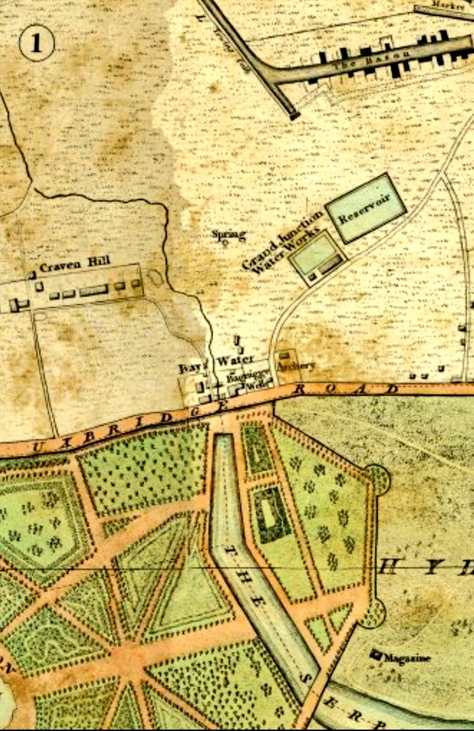 River Westbourne passed under Bayswater Road.A bayard was a horse which would have drunk from the river.Bayswater is said to have been derived from "Bayards Watering Place"Recorded in 1380 as the place where horses were refreshed on their way in or out of London