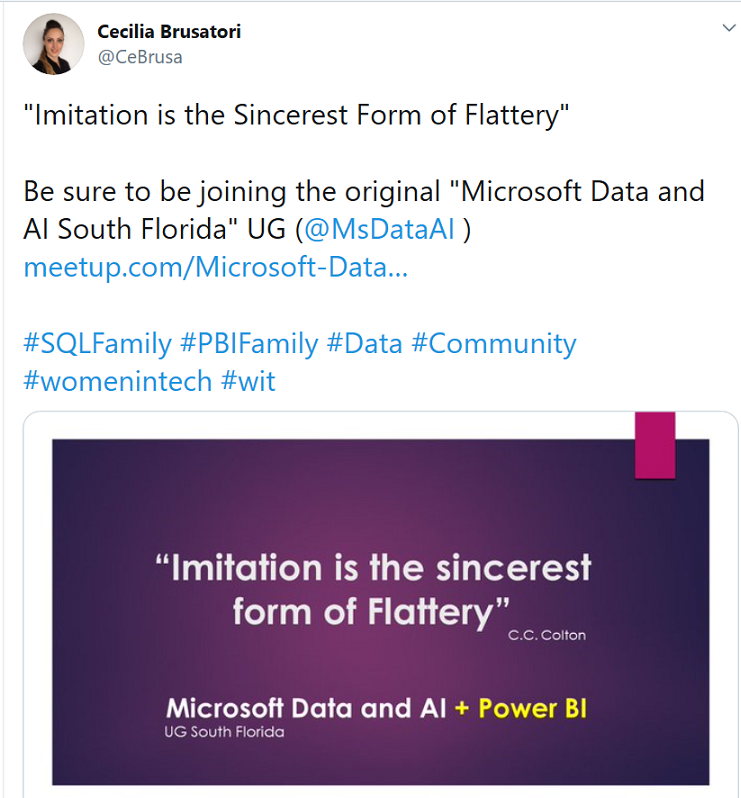 MSBISF's tweet photo. Good Day, @JanMulkens

The @MSBISF (a @SQLPass) UG tweet is to inform that the tweet below wants to confuse, divide and destroy the @MSBISF a long standing user group which was renamed Microsoft Data and AI South Florida
#SQLFamily #PBIFamily #Data #Community #wit #womenintech https://t.co/iHDSbfOwmp