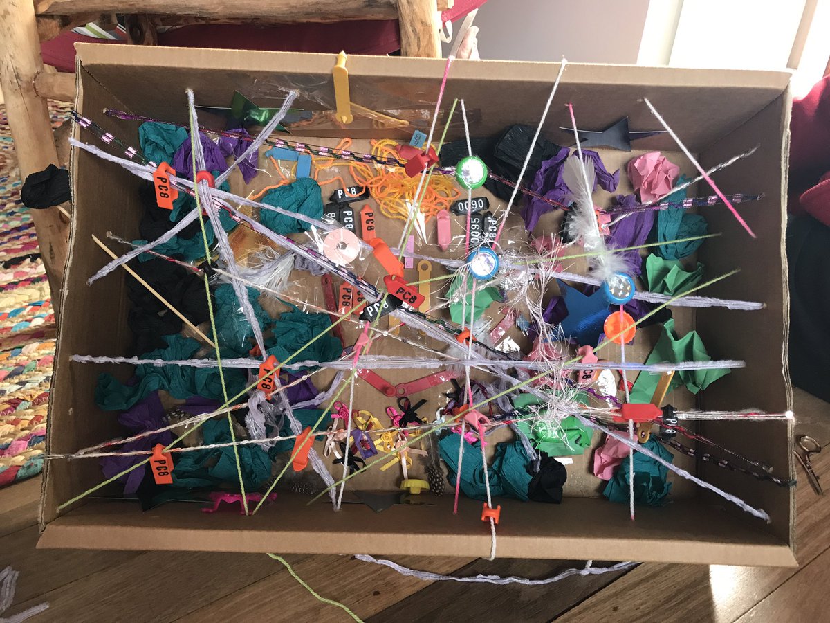 SSounness's tweet photo. Cool free form art sess with the wonderful @carberryone via zoom this morning. Kids loved it. Unused bits including sheeptags! https://t.co/vepVFC3CFG
