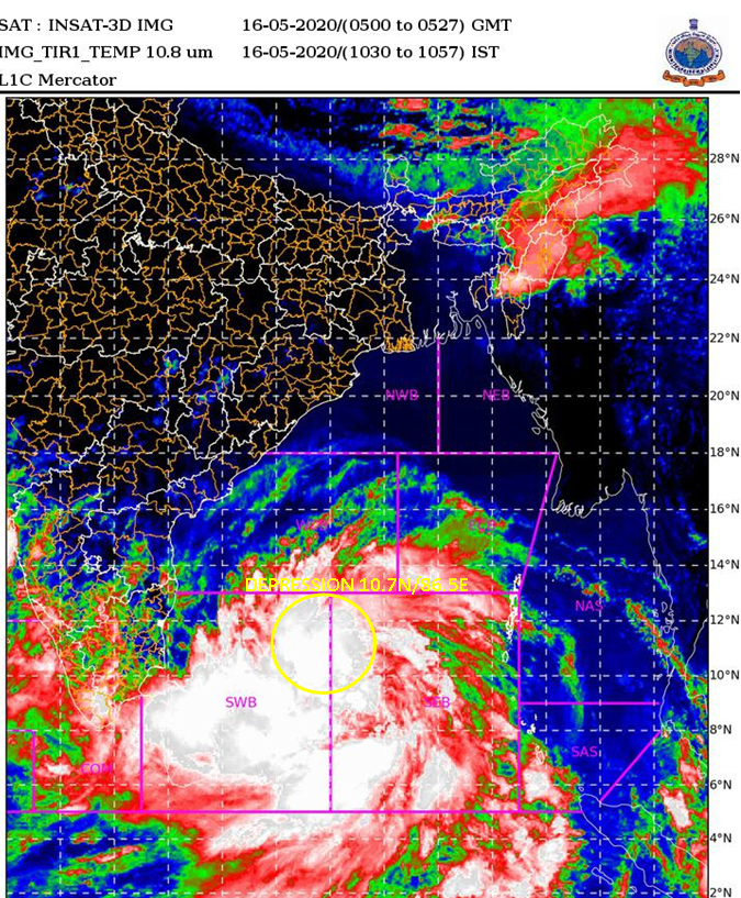 Indiametdept's tweet photo. DEPRESSION OVER SE BoB AND NEIGHBOURHOOD NEAR LATITUDE 10.7°N AND LONGITUDE 86.5°E, ABOUT 1060 KM SOUTH OF PARADIP (42976) (ODISHA).TO INTENSIFY RAPIDLY INTO A CYCLONIC STORM DURING NEXT 12 HOURS AND FURTHER INTO A SEVERE CYCLONIC STORM DURING SUBSEQUENT 24 HOURS. https://t.co/eSNyVcQz6L