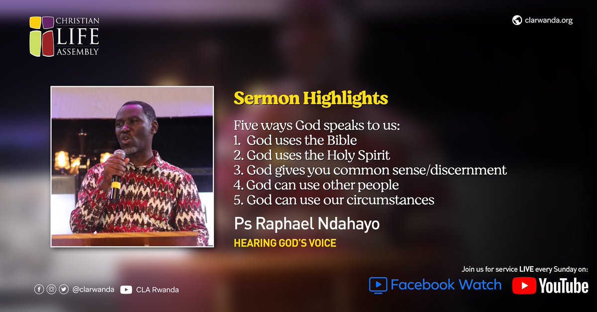 Good Morning CLA Family! 
Happy Saturday! 

Do you ever wonder how God speaks to us? Or how to know it’s him speaking.... Pastor Raphael shared some pointers with us regarding that! Take a look!

#HearingGodsVoice 

Be Blessed!