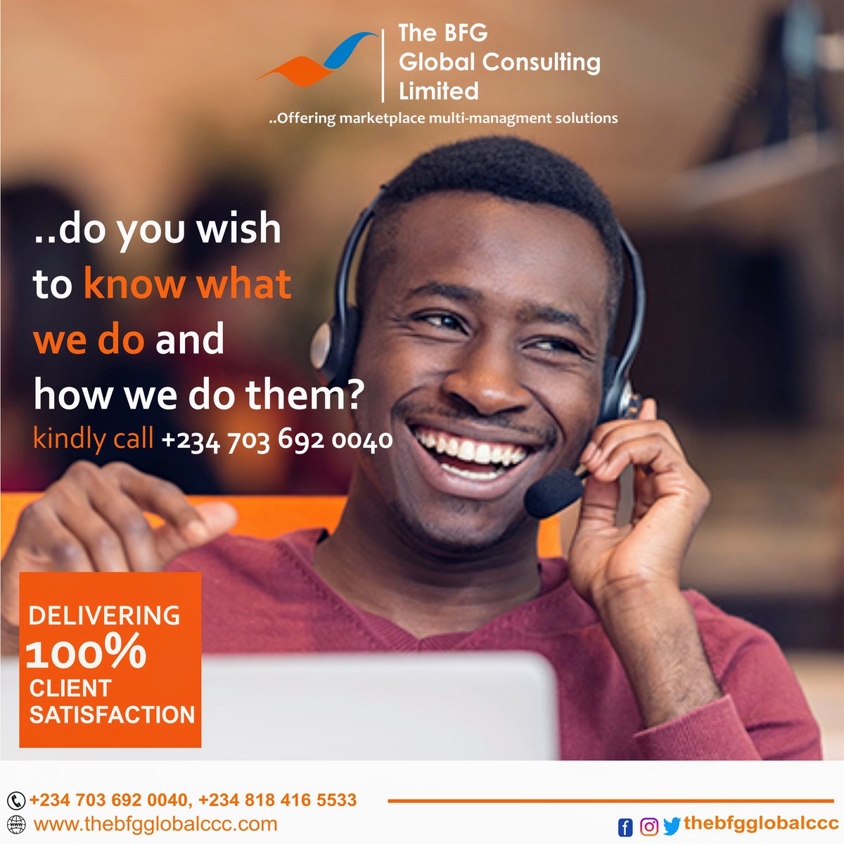 BFGConsults's tweet photo. Do you wish to know what we do and how we do them? This is an opportunity for you. We offer a percent satisfaction on client need solutions.
Just a call!
#TheBFGSolutions #Management #Growth #Information #Knowledge #Technology #Information #DataAnalytics #MarketStrategy #B2B https://t.co/H3lfHTWwaK