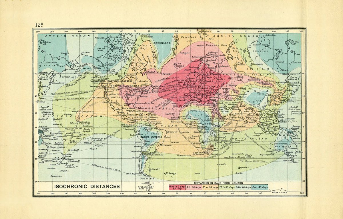 This is one of the coolest maps I’ve ever seen: how many days it took to get anywhere in the world from London in 1914.