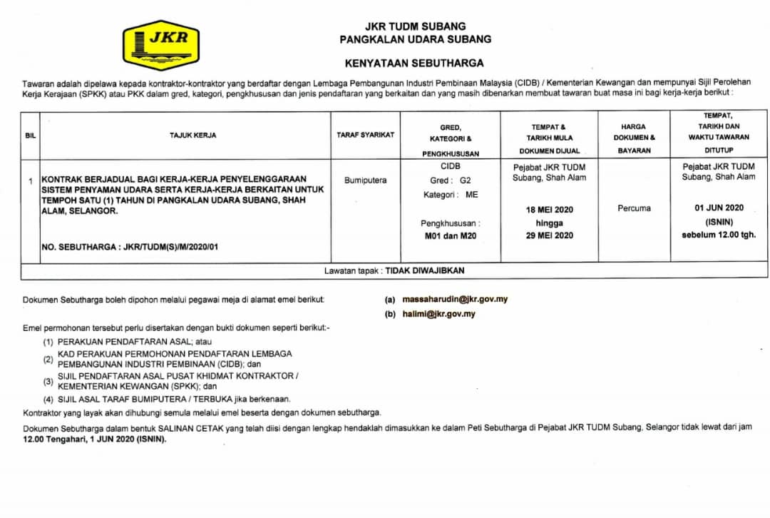 KENYATAAN SEBYTHARGA :
JKR/TUDM(S)/M/2020/01
JKR/TUDM(S)/M/2020/02
JKR/TUDM(S)/M/2020/03
Dokumen dijual :
18/05/2020 - 29/05/2020
Tarikh  tutup serah borang : 
01/06/2020 SEBELUM 12.00 T/HARI

<a href="/csfb/">Avaworlds</a> <a href="/UTSSelangorJKR/">JKR UNIT TENTERA SELANGOR</a> <a href="/JKRSelangor/">JKR Selangor</a> <a href="/me03594/">Hj Mohamad Amir</a>