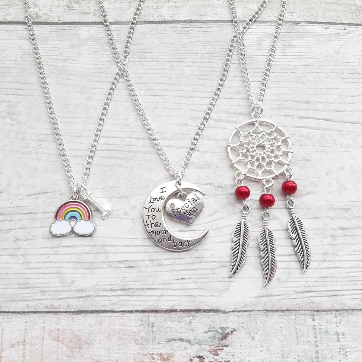 cute necklaces perfect to send to family and friends
#rainbow #rainbowlover #rainbownecklace #rainbowpresent  #rainbowjewellery #dreamcatcher #dreamcatchernecklace #dreamcatcherjewellery #moonnecklace #loveyoutothemoonandback #loveyoujewellery #birthdaygift #missyou #missyougift