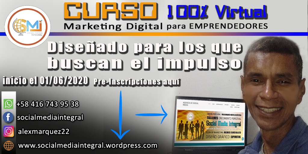 Para #emprendedores que no tienen tiempo para perder tiempo. Contáctanos en socialmediaintegral.wordpress.com  revisa los detalles y realiza tu preinscripción.

#SocialMediaIntegral  #QuédateEnCasa  #MarketingDigitalparaEmprendedores #aulavirtual #Santiago #lima #Venezuela #Bogota #Madrid