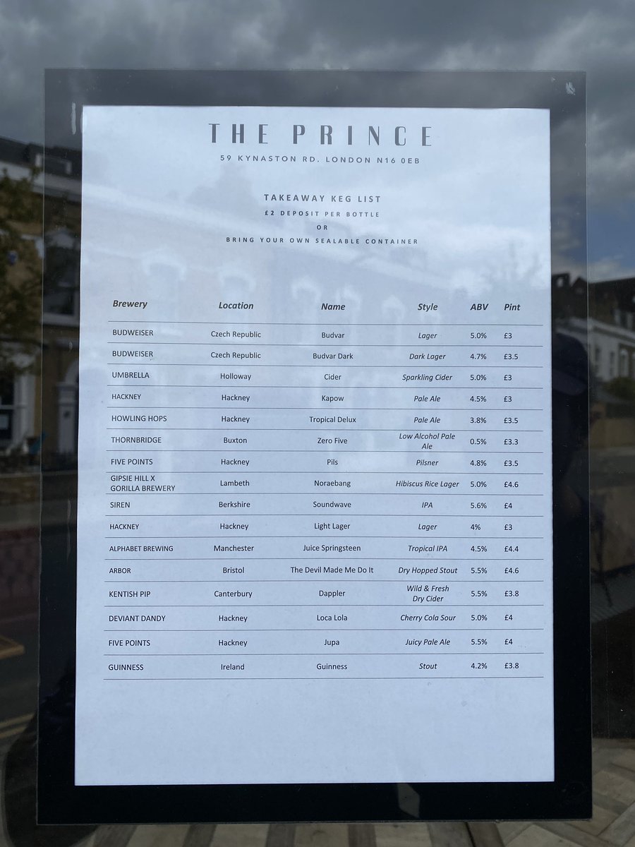 PSA. <a href="/ThePrinceN16/">The Prince</a> is doing takeaway pints. Fri - Sun, 2pm - 6pm. 🍺
