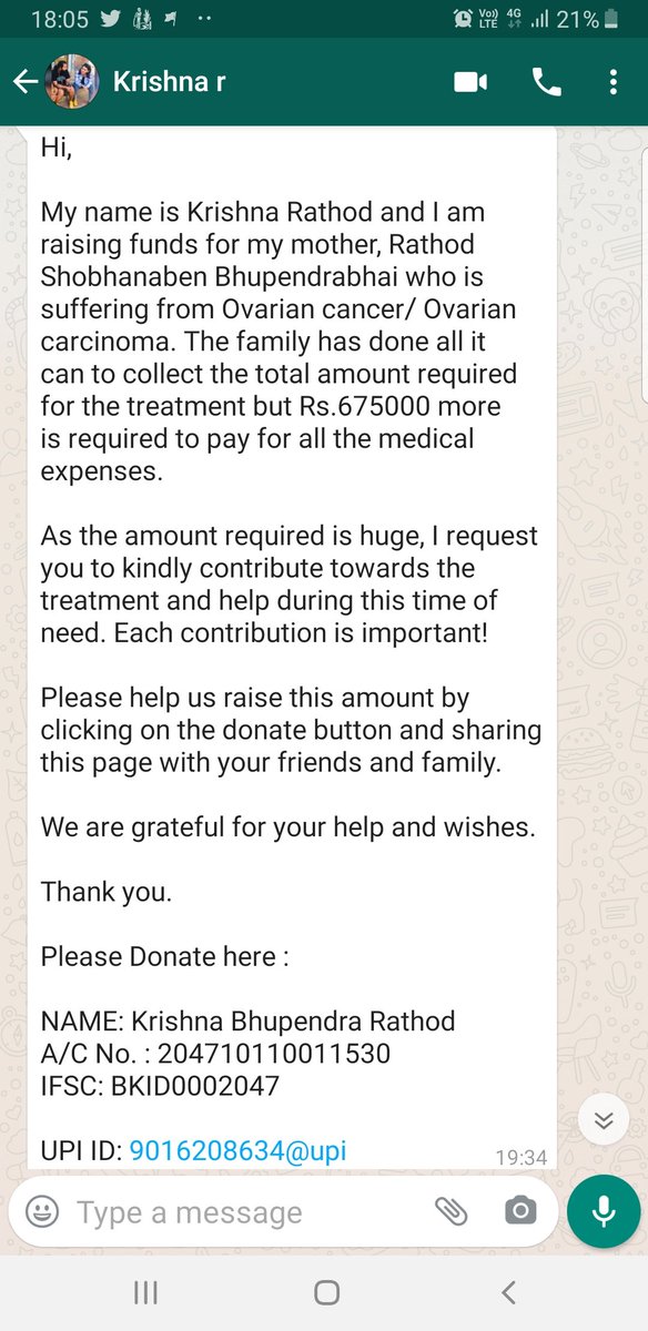 Guys, can we help Krishna here to raise the fund for her mothers treatment who is suffering from cancer? Total amount required is 675000, Let's contribute a bit from our end 2 help save a life.A mothers life. You can do it on Ketto, her bank a/c or upi

ketto.org/weneedyoursupp…