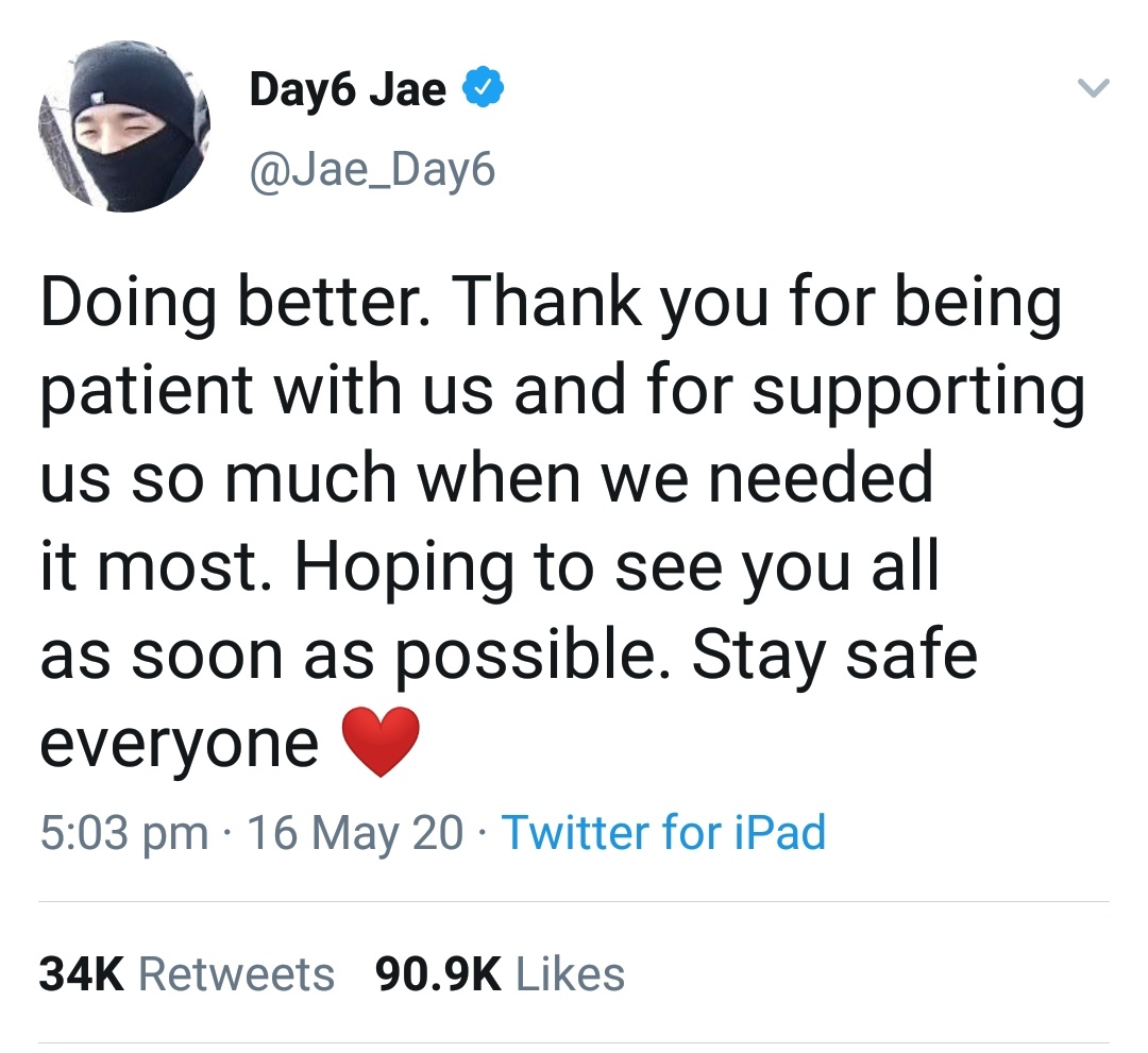 Jae continuously saying sorry to fans for not being able to meet them, telling how grateful he is for the support DAY6 has been receiving, assuring everyone that he is getting better and wishing everyone good health and safety Do we really deserve Jae? 