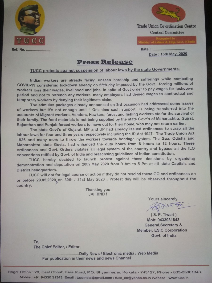 .<a href="/abpanandatv/">ABP Ananda</a> <a href="/abpanandatv/">ABP Ananda</a> <a href="/aajtak/">AajTak</a> <a href="/indiatvnews/">India TV</a> <a href="/Zee24Ghanta/">zee24ghanta</a> <a href="/ZeeNews/">Zee News</a> <a href="/TimesNow/">TIMES NOW</a> <a href="/htTweets/">Hindustan Times</a> <a href="/EconomicTimes/">Economic Times</a> <a href="/bsindia/">Business Standard</a> 
TUCC launched protest against the suspension of labour laws by the state governments, please find the attachment. TUCC is a national trade union.