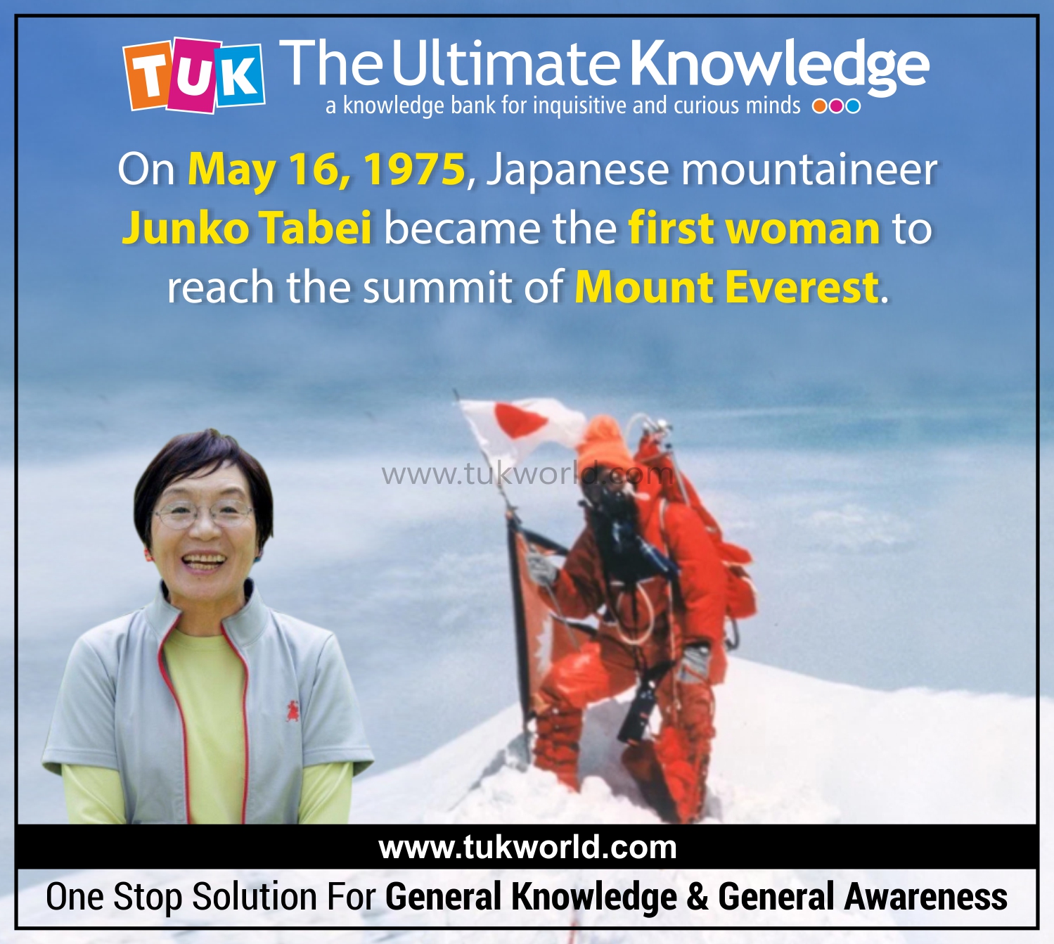The Ultimate Knowledge 'TUK' on Twitter: "#TUK #TheUltimateKnowledge #TUKBuster #DidYouKnow - On May 16, 1975, #Japanese mountaineer 𝐉𝐮𝐧𝐤𝐨 𝐓𝐚𝐛𝐞𝐢 became the first woman to reach the summit of #MountEverest. #ThisDayInHistory #OnThisDay ...