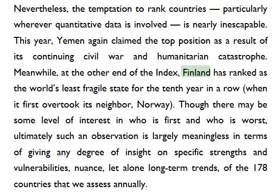 Cheers to trust &amp; good governance among others!

<a href="/fundforpeace/">The Fund for Peace</a> #FragileStatesIndex 2020 Annual Report (link) says #Finland is the least failed state for the 10th year in a row.

&amp; happiest according to the World Happiness Report - way to confuse a Finn...

fragilestatesindex.org/wp-content/upl…