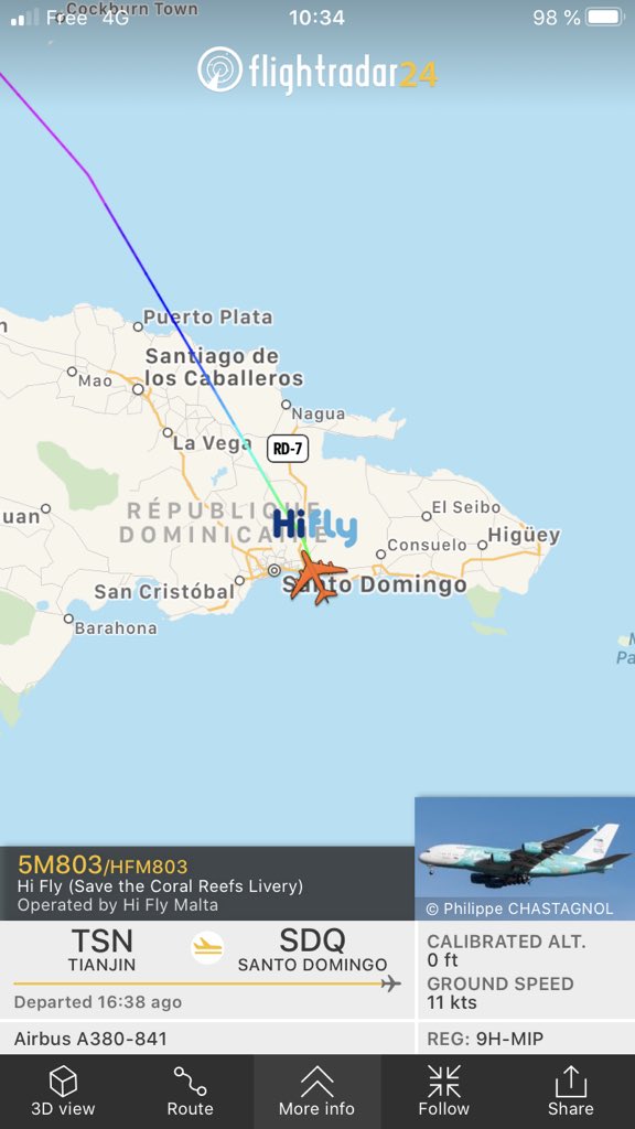flight_report's tweet photo. [Live] Via @flightradar24, après 16h de vol et 13590 kilomètres parcourus, l’@Airbus #A380 d’@hifly_airline vient de se poser à Santo Domingo 🇩🇴 #COVID19.

Après 2 mois de #Bcheck 🔧 chez @TarmacAerosave, il reprend ses missions aux quatre coins du 🌍.

✈️ https://t.co/g5H8Ga6gnc https://t.co/1msMsnESfi