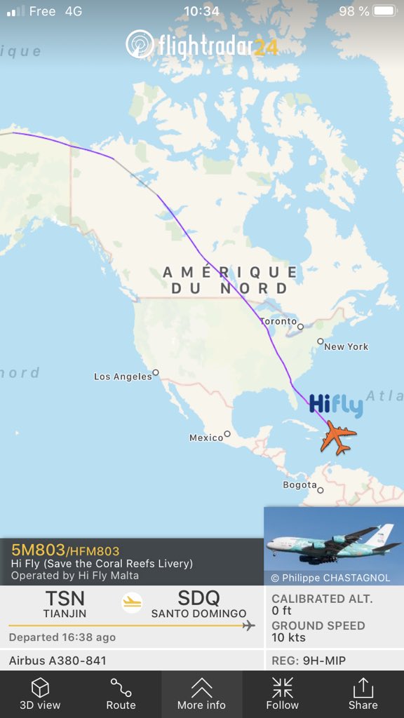flight_report's tweet photo. [Live] Via @flightradar24, après 16h de vol et 13590 kilomètres parcourus, l’@Airbus #A380 d’@hifly_airline vient de se poser à Santo Domingo 🇩🇴 #COVID19.

Après 2 mois de #Bcheck 🔧 chez @TarmacAerosave, il reprend ses missions aux quatre coins du 🌍.

✈️ https://t.co/g5H8Ga6gnc https://t.co/1msMsnESfi