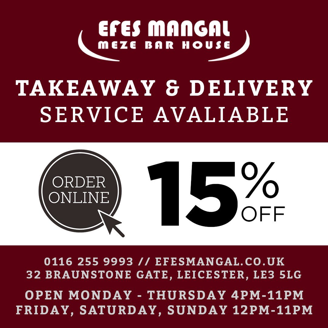 We are now offering a delivery radius of 5 MILES. Order online via efesmangal.co.uk and get 15% OFF your order 🌟🚙