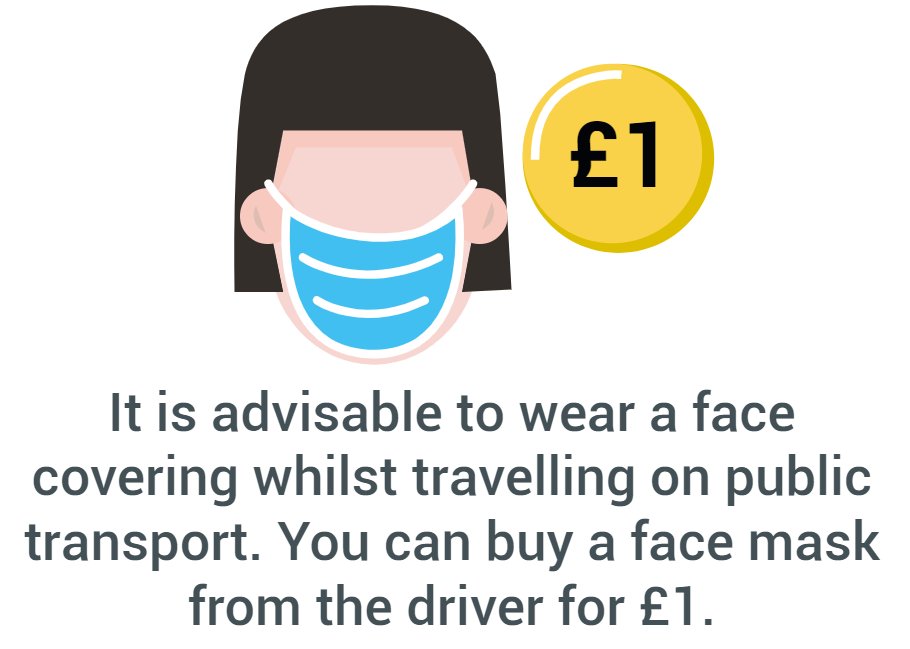 The government are encouraging that those using public transport should wear face coverings when travelling to protect themselves and others. Don’t have a face mask? You can purchase one from your driver today for £1 with 50p of each mask sold being donated to our NHS.