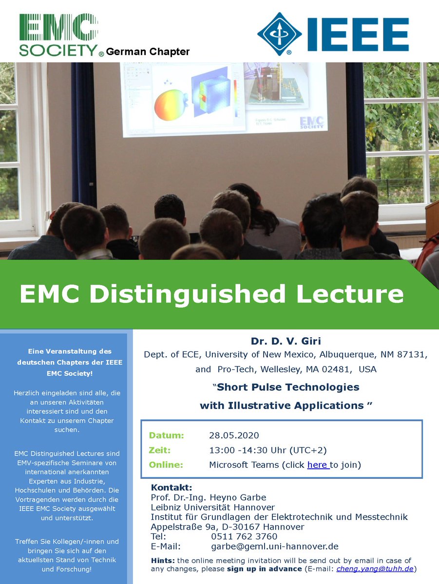 LehrstuhlEMV's tweet photo. #EMC #DistinguishedLecture of David Giri (@UNMPress, Albuquerque) about "#ShortPulse Technologies With Illustrative Applications" as an online talk via @MicrosoftTeams
Date: 28.05.2020
Time: 13:00-14:30 (UTC+2)
Link: https://t.co/SwE5AJPrdN
Further Info: https://t.co/5UtG4Tp8xt https://t.co/WBQl100Adi