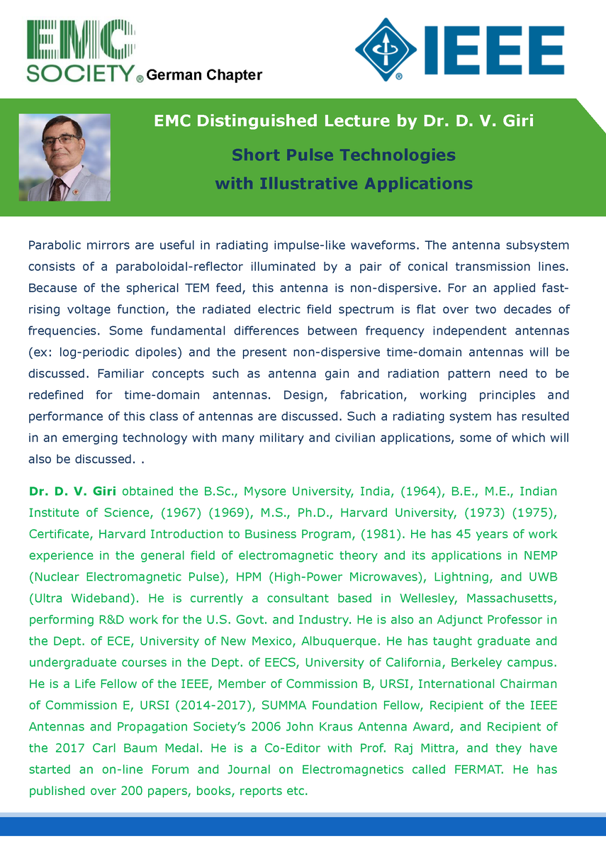 LehrstuhlEMV's tweet photo. #EMC #DistinguishedLecture of David Giri (@UNMPress, Albuquerque) about "#ShortPulse Technologies With Illustrative Applications" as an online talk via @MicrosoftTeams
Date: 28.05.2020
Time: 13:00-14:30 (UTC+2)
Link: https://t.co/SwE5AJPrdN
Further Info: https://t.co/5UtG4Tp8xt https://t.co/WBQl100Adi